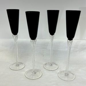 Vintage Iona hand blown set of 4 air-twist ebony crystal tall cordial glasses